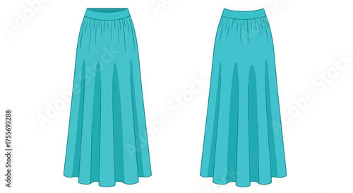 Turquoise maxi skirt illustration, showcasing a graceful and fluid design on a transparent background suitable for fashion visuals