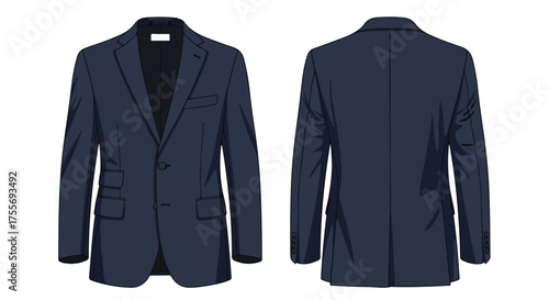 Tailored Perfection: A Detailed Front and Back View of a Stylish Navy Blue Suit Jacket Showcase in Vector Illustration