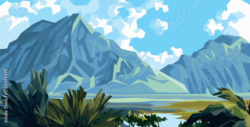 Mountain panorama with river valley and palm trees in foreground - geometric low-poly tropical landscape vector illustration with dramatic peaks and clouds