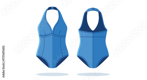 Blue halter swimsuit, front and back view, simple and modern style, vector illustration, beachwear fashion accessory, design element to wear during