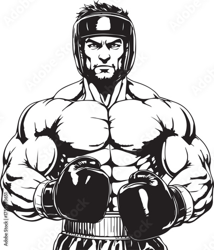 Black and white vector illustration of muscular male boxer with gloves and headgear in fighting stance