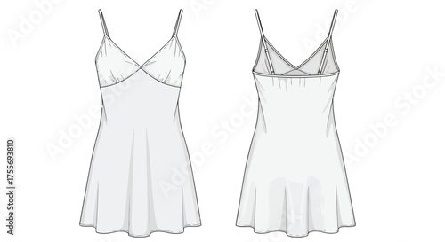 Technical flat sketch of a camisole dress with adjustable straps and a flared skirt design showcasing front and back views