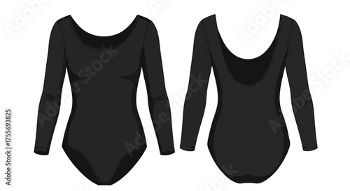 Sleek black long-sleeved leotard featuring a classic scoop neckline and a low back design offering modern versatility and sophisticated elegance