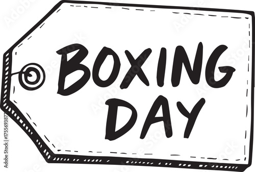 Black and white vector illustration of Boxing Day price tag with dashed outline and bold festive lettering
