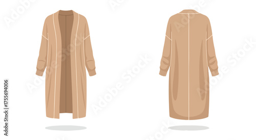 Elegant Long Cardigan Illustration: Front and Back View for Fashion Design Presentation apparel design illustration flat vector graphic clothing