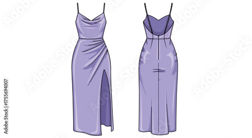 Elegant lilac gown illustration showcasing front drape and open-back design for fashion concept