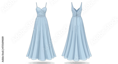 Illustration of a light blue formal gown featuring a flowing skirt and delicate spaghetti straps showcasing front and back design views