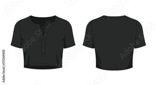 Black Henley Crop Top Fashion Illustration with Front and Back Views for Apparel Design and Style Inspiration