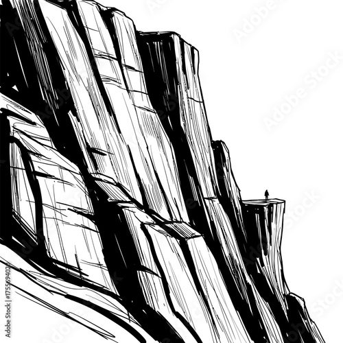 A lone figure stands on the edge of a cliff, overlooking a vast expanse, isolated on white background a sense of solitude, contemplation, and the power of nature