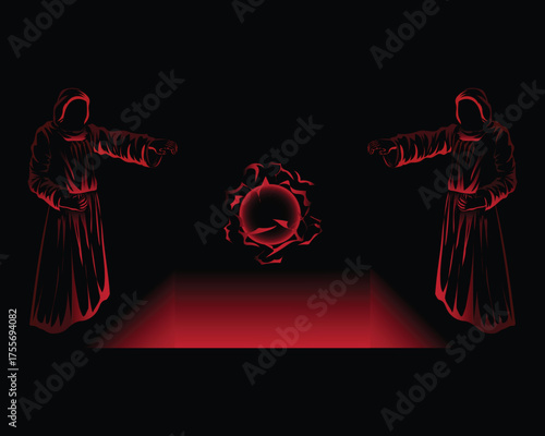 vector design of a dark ceremony with a black background showing two men in long robes standing in a large red hole like firelight and there appears to be a kind of red ball in the middle.