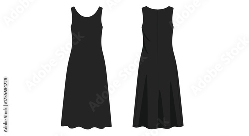 Elegant black dress design showcasing front and back views for fashion or clothing concept illustration 150 characters