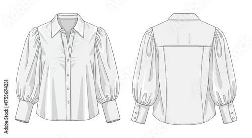 Detailed technical fashion illustration of a women's blouse with puff sleeves showcasing front and back views for design reference
