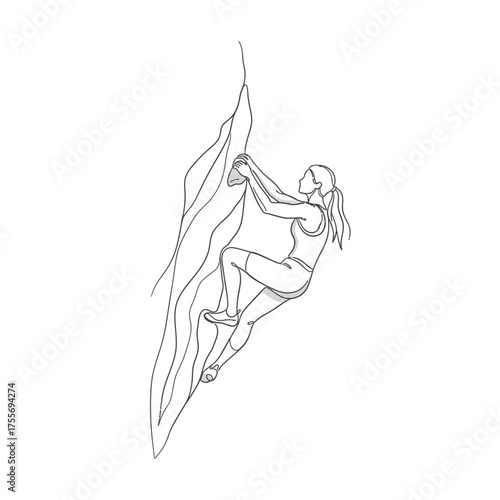 Dynamic line art of a woman rock climbing, isolated on white background, showcasing strength, determination, and the thrill of outdoor adventure in a minimalist style