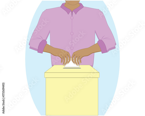 vector illustration design of a person who appears to be inserting a white paper, which is a ballot paper, into a yellow ballot box during a general election.