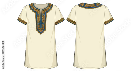 Detailed illustration showcasing a tunic-style dress with intricate, decorative embroidery on neckline and sleeves, front and back views presented