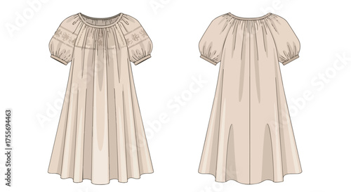 Fashion illustration presenting front and back views of a minimalist dress with a relaxed and breezy silhouette suitable for spring and summer seasons