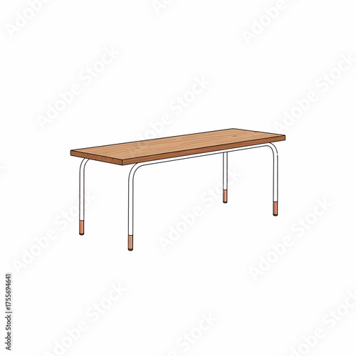 A simple wooden bench with metal legs isolated on white background, perfect for parks, gardens, or waiting areas, offering a rustic charm and functional seating