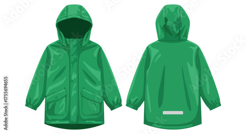 Bright green hooded rain jacket mockup showcasing front and back views against a clean white backdrop illustration art 98 characters