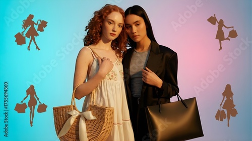 Two fashionable young women standing next to each other against a bright gradient background, each holding a shopping bag.