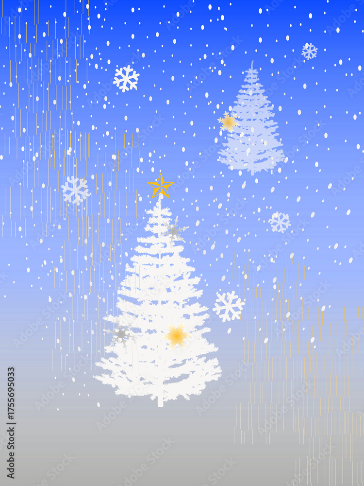 Fototapeta premium 白いクリスマスツリーと降る雪の背景（ブルー） ー 星飾りの白いツリーと雪の結晶が舞うグラデーション背景。ポストカード、ポスター、マスキングシートブックタイプ、フレークシールに最適。