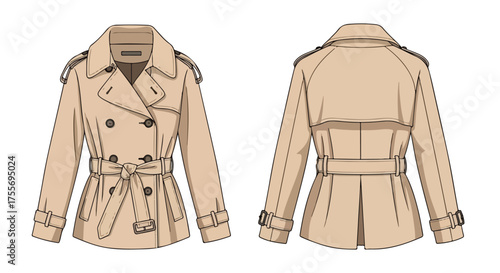 Elegant Trench Coat Fashion Illustration: Front and Back Views for Garment Design Visualization with Belted Waist and Shoulder Details