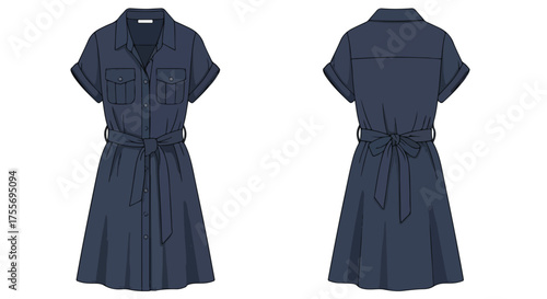 Blue denim shirt dress showcasing front button closure and tied belt detail against a clean white background