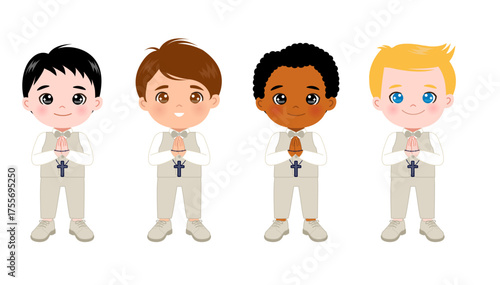 Cute boy with formal attire and rosary for First communion event