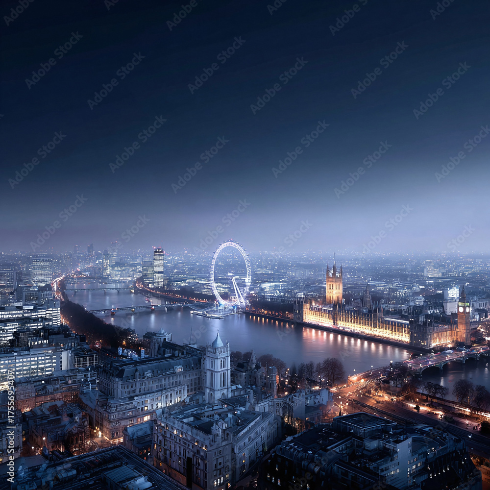 Fototapeta premium Stunning nighttime panorama of a vibrant cityscape. River reflects the city lights. Great for travel, business or urban development themes. Evokes progress and sophistication.