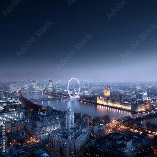 Stunning nighttime panorama of a vibrant cityscape. River reflects the city lights. Great for travel, business or urban development themes. Evokes progress and sophistication.
