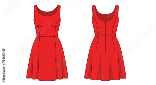 Two angles of a bright red sundress with a fitted bodice and a flared skirt showcase design details and form
