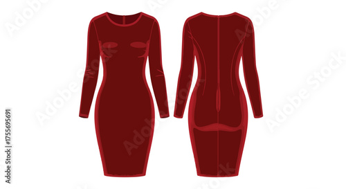 Elegant burgundy midi dress illustration: A classic figure-hugging silhouette with a round neckline, front and back view on white background