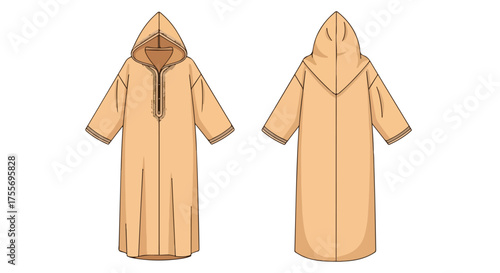 Digital Illustration Showcasing a Traditional Moroccan Djellaba Design on a Neutral Background with Front and Back Views Portrayal