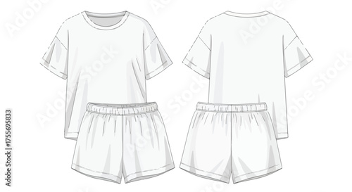 Pencil Sketch Front and Back Views of White Cotton Sleepwear Set with Short Sleeves and Elastic Waist Shorts
