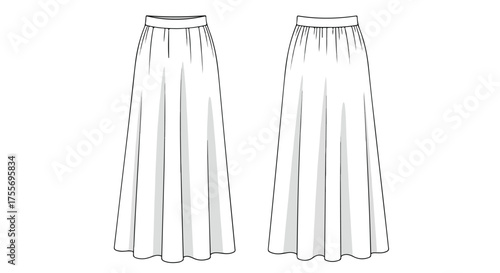Technical drawing showcasing the front and back design of a pleated A-line maxi skirt for fashion design reference material