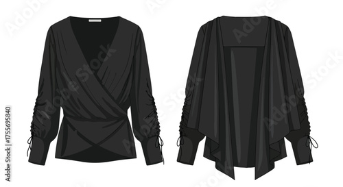 Elegant black wrap blouse and cardigan illustration displaying front and back detail suitable for fashion design showcases and style guides