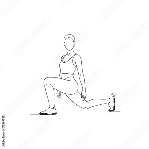 A woman is doing a low lunge, isolated on white background she is wearing a sports bra and leggings she is stretching her legs and glutes for flexibility