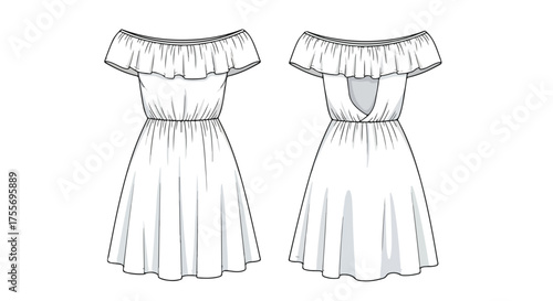Off-the-shoulder ruffle dress technical drawing showcasing the front and back design, with a focus on silhouette and details for fashion design