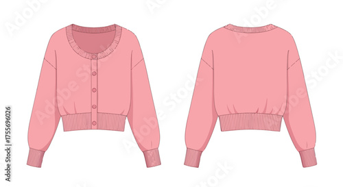 Technical drawing of a pink button-down cardigan, showcasing front and back details for fashion design reference material illustration
