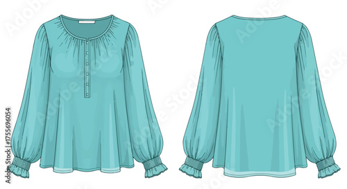 Illustration of a Long-Sleeved Blouse in Teal Color: Front and Back View for Fashion Design Technical Drawing 100