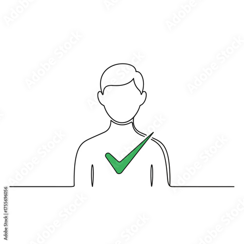 A person with a checkmark on their chest in a continuous line drawing isolated on white background this symbolizes approval, acceptance, or a positive attribute