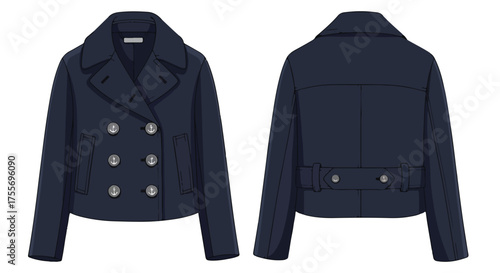 Illustrated navy pea coat showcases classic design with double-breasted closure and anchor-detailed buttons