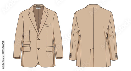 Conceptual beige blazer design, showcasing front and back views for garment industry applications, a fashion forward approach