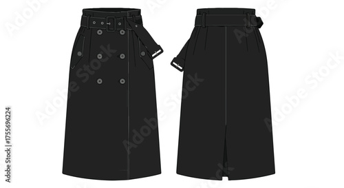 Digital illustration showcasing a black midi skirt with a belted waist and double-breasted button detail on a clean background