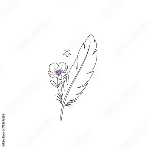 A delicate line art illustration isolated on white background featuring a feather, flower, and star, symbolizing dreams, nature, and inspiration in a minimalist design