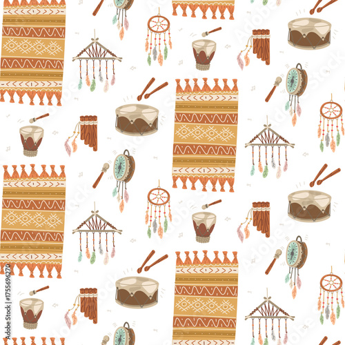 Pattern items from local tribes, including dream catcher, drum, carpet, wind instrument, tambourine. Items for rituals. Flat, colorful, seamless texture. Suitable for cultural or educational projects