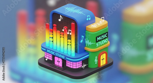 Isometric music studio building with colorful equalizer bars and musical notes, creating a vibrant and playful atmosphere