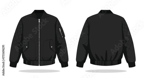 Front and back views of a versatile black bomber jacket isolated against a white background displaying contemporary style