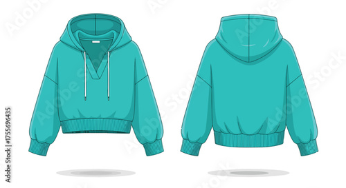 Stylish turquoise hoodie illustration showcasing front and back views for fashion design templates and product presentations