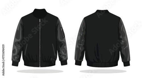 Detailed Front and Back Views of a Fashionable Black Bomber Jacket with Patterned Sleeves Design Concept