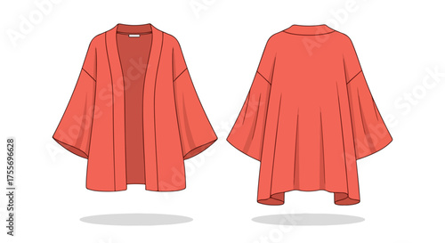 Vivid Salmon Kimono Style Cardigan Illustrative Front and Back View on Seamless Background, perfect for fashion design showcases and marketing